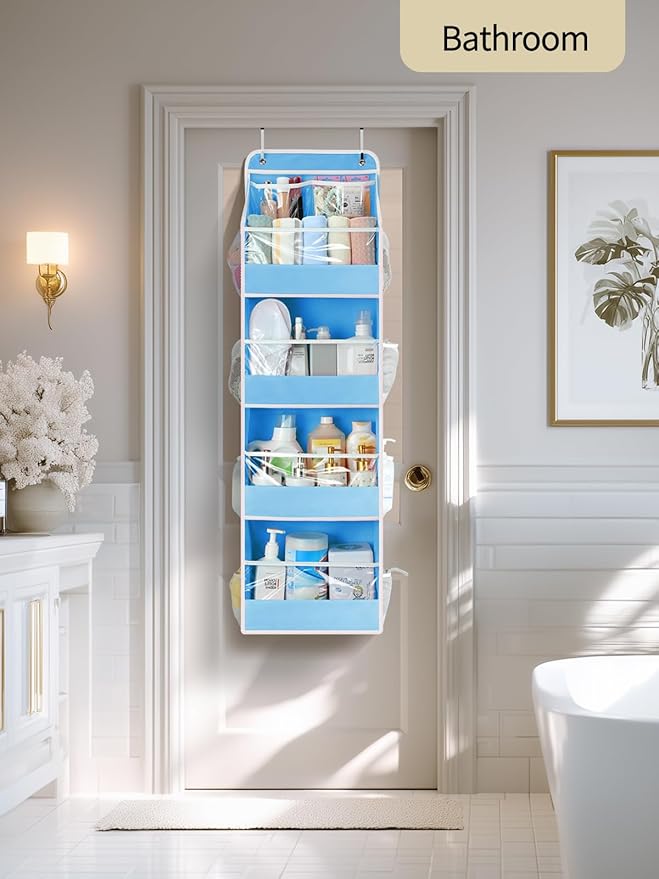 Yecaye 5 Tier 2Pc Over the Door Organizer, Swing-proof Door Organizer Hanging with Clear PVC Windows, Behind the Door Storage for Bedroom Nursery Closet Laundry Pantry Bathroom, Soft Sky Blue