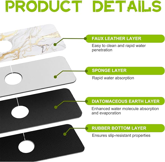 Gray Gold Marble Kitchen Sink Splash Guard Faucet Mat Super Absorbent Fast Drying Mat Guard Behind Faucet Drip Catcher for Kitchen Bathroom, 15.5"X5.5"