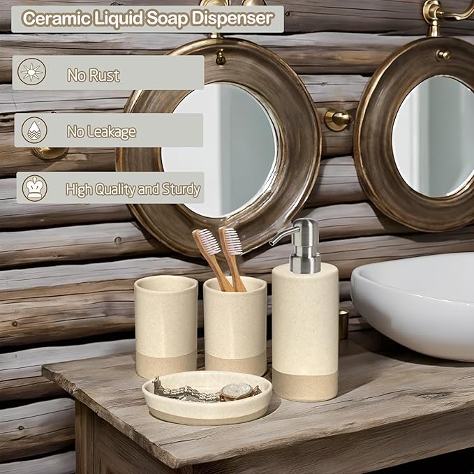 Bathroom Accessories Set 4, Beige Soap Dispenser for Bathroom, Toothbrush Holder,Tumbler Cup and Soap Dish, New Apartment Essentials, Modern Beige Bathroom Décor (Rustic)