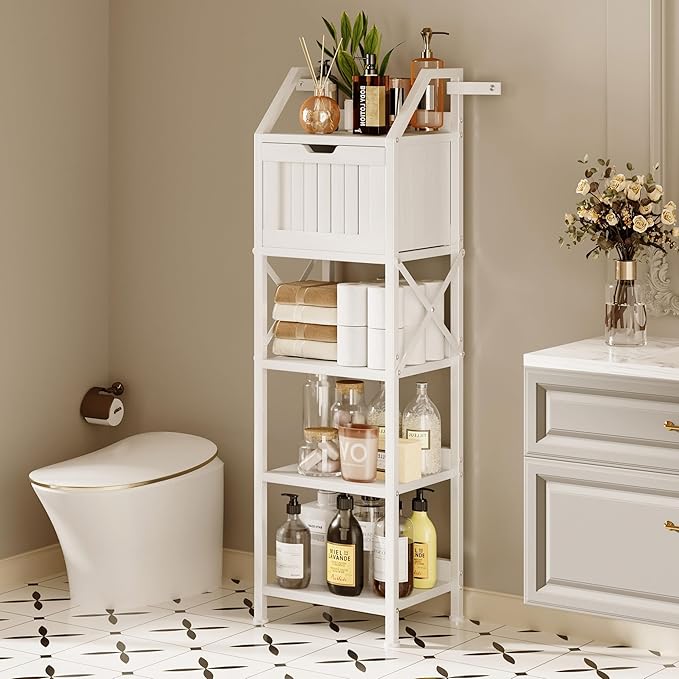 Homeiju Bathroom Floor Cabinet, 5-Tier Bathroom Storage Organizer Rack with Drawer, Multifunctional Corner Unit, 47.24 Inches in Height, White
