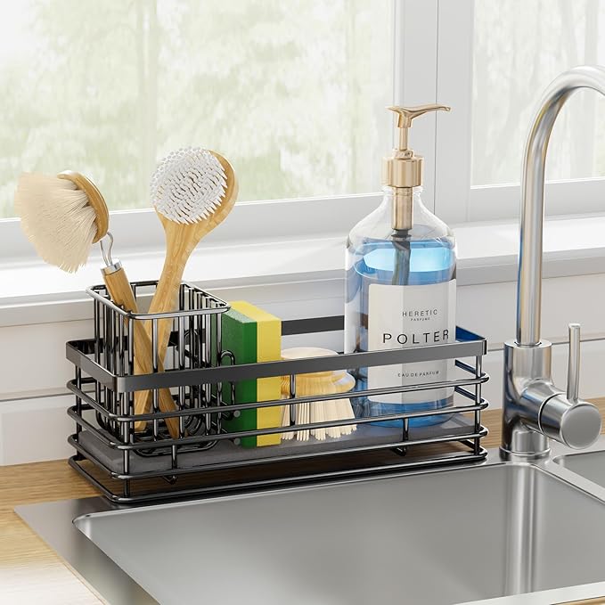 Yofidra Kitchen Sink Caddy Sponge Holder - 304 Stainless Steel Sink Organizer with Diatomite Quick-Dry Base, 3 Compartments Caddy Organizer, Detachable Brush Rack, 9.2" x 3.9" x 4.4"