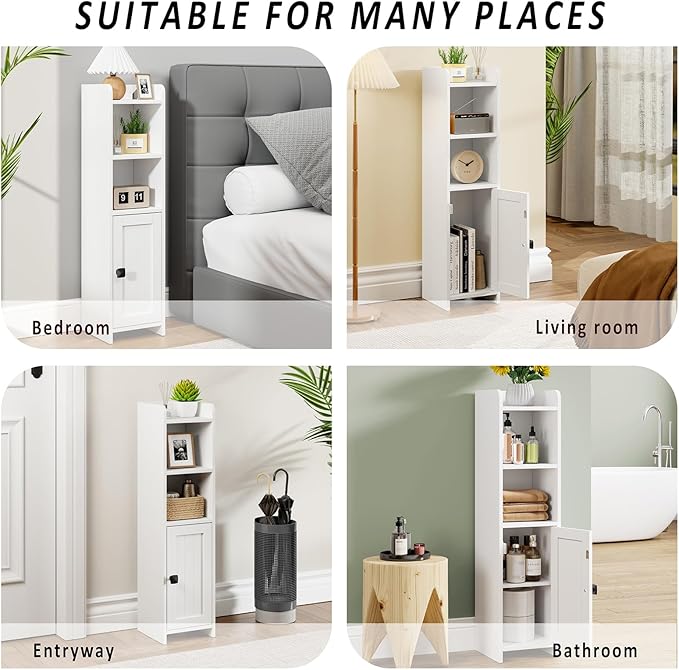 Small Bathroom Storage Cabinet Corner, Floor Cabinet with Adjustable Shelves, Freestanding Narrow Bathroom Toilet Paper Organizers for Small Spaces (White)