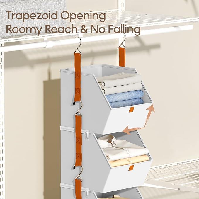 Collapsible Hanging Closet Organizer - 6 Tier Closet Shelves Storage System with Hooks, Fabric Hanging Storage Bins for Clothes, Foldable Storage Basket for Laundry, Bedroom, Rv, White