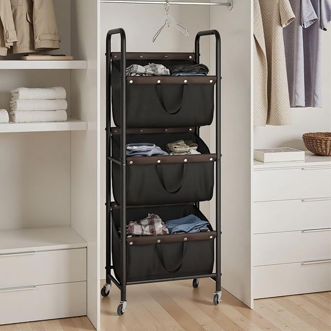 GRANNY SAYS 3 Tier Laundry Sorter, Laundry Basket with Wheels, Laundry Room Organization and Storage, 3 Section Rolling Laundry Cart for Dorm, Bathroom, Bedroom, Closet, Black