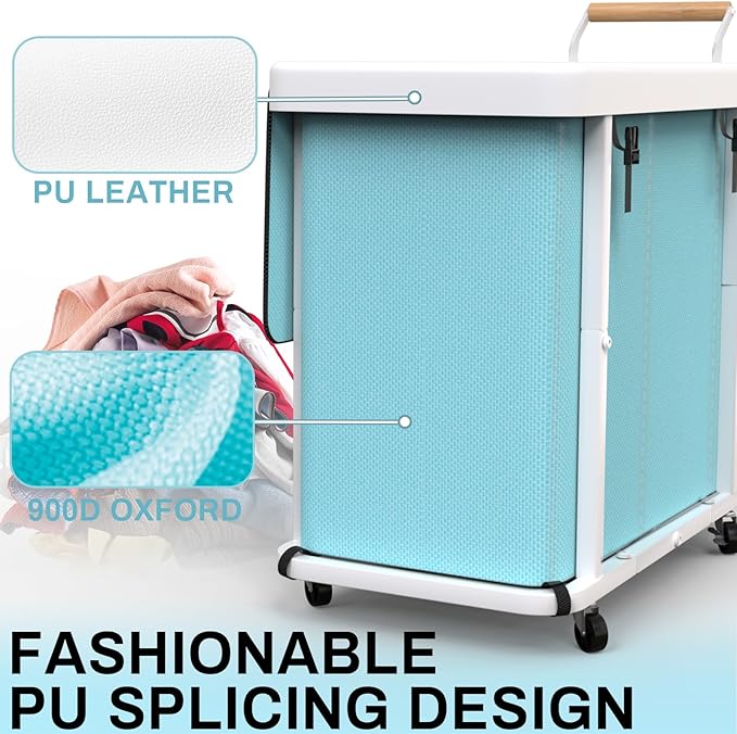 230L (60 Gal) Extra Large Fashion Laundry Sorter 3 Section with Lid, Rolling Laundry Basket Hamper with Handle, Laundry Organizer Storage Cart with Sturdy Metal Frame for Laundry Room,Hotel,Blue