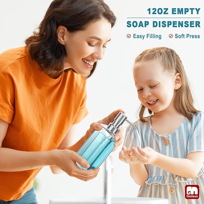 GMISUN Glass Soap Dispenser with Stainless Steel Pump, Clear Hand Soap Dispenser for Bathroom, 12 fl oz/350ml Dish Dispensers for Kitchen, Modern Refillable Liquid Soap Lotion Bottle for Countertop