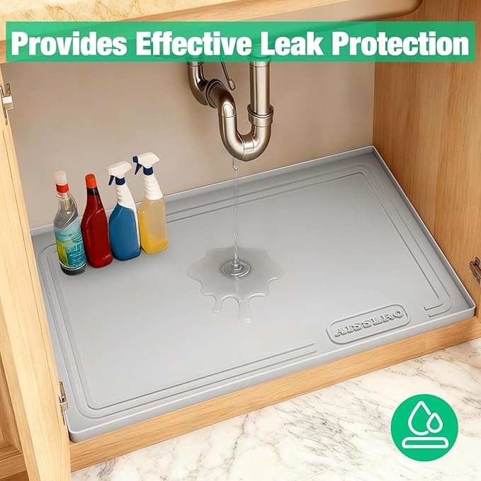 Aisslro Under Sink Mat 22" X 19", Waterproof Silicone Cabinet Organizer Protector with Raised Edge, Kitchen & Bathroom Leak Tray, Shelf Liner & Pet Feeding Mat for Dog Cat Food Mats, Light Gray
