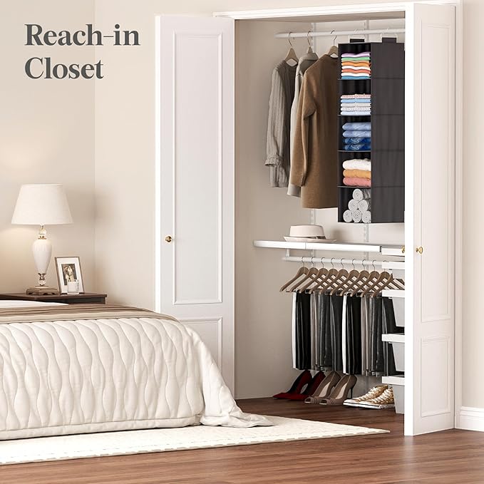 Lifewit 5 Tier Hanging Closet Organizer and Storage for Shelves, Foldable Clothes Storage Shelf with 2 Sturdy Hooks for Clothing Organization, Dorm Room Essentials for Guys, Gray