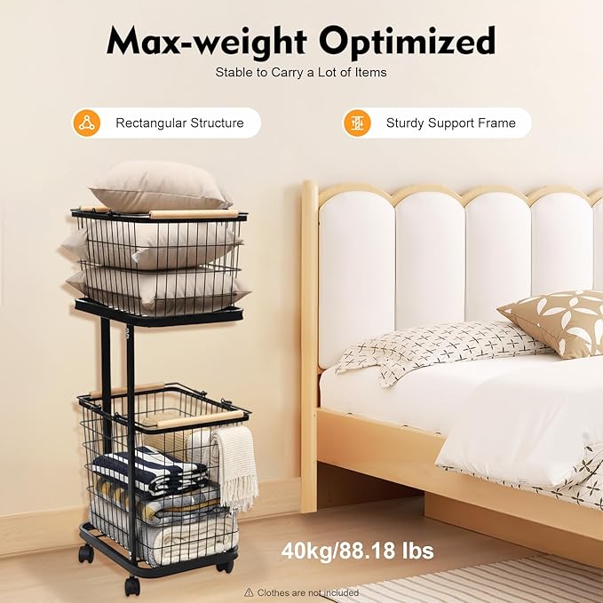 Laundry Basket with Wheels, 2 Tier Removable Wire Laundry Cart, Vertical Laundry Sorter, Rolling Hamper Dirty Clothes Hamper Organizer for Laundry Room, Bathroom, Bedroom, School (Black)