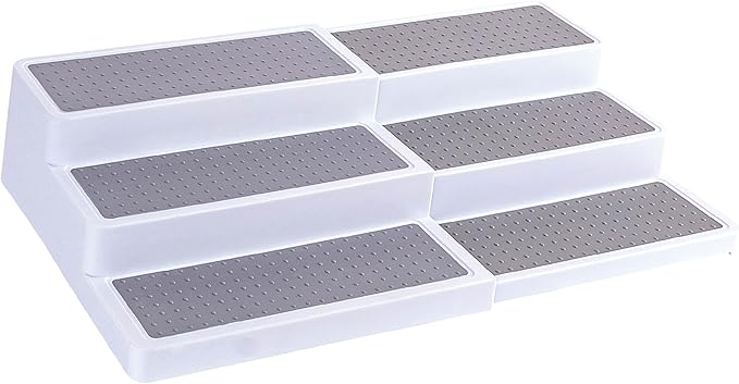 Oizeir 3–Tier Expandable Plastic Spice Rack - Adjustable Length, Stability with Non-Skid Shelf, Three Tiers for Easy Visibility, Organizer for Kitchen Cabinet, Pantry or Countertop, White/Grey
