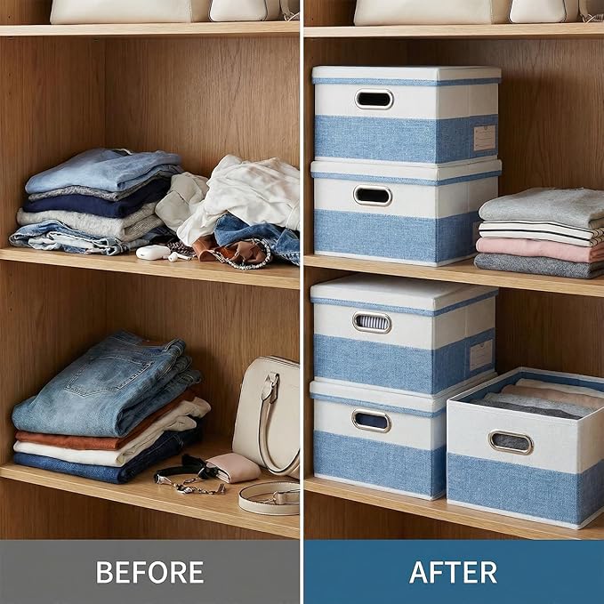 PRANDOM Storage Bins with Lids [3-Pack] Linen Fabric Foldable Storage Boxes Organizer Containers Baskets Cube with Cover for Bedroom Closet Office Blue&White（11.4X8.6X6.7