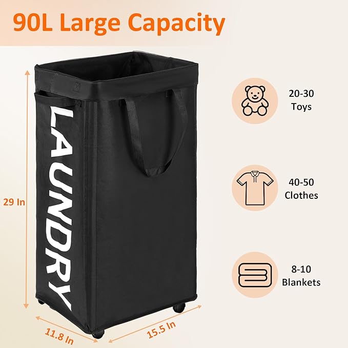 2 Pack Laundry Basket with Wheels, 90L Rolling Laundry Hamper with Wheels, Large Clothes Hamper on Wheel with Removable Mesh Bag for Bedroom, Dorm, Black
