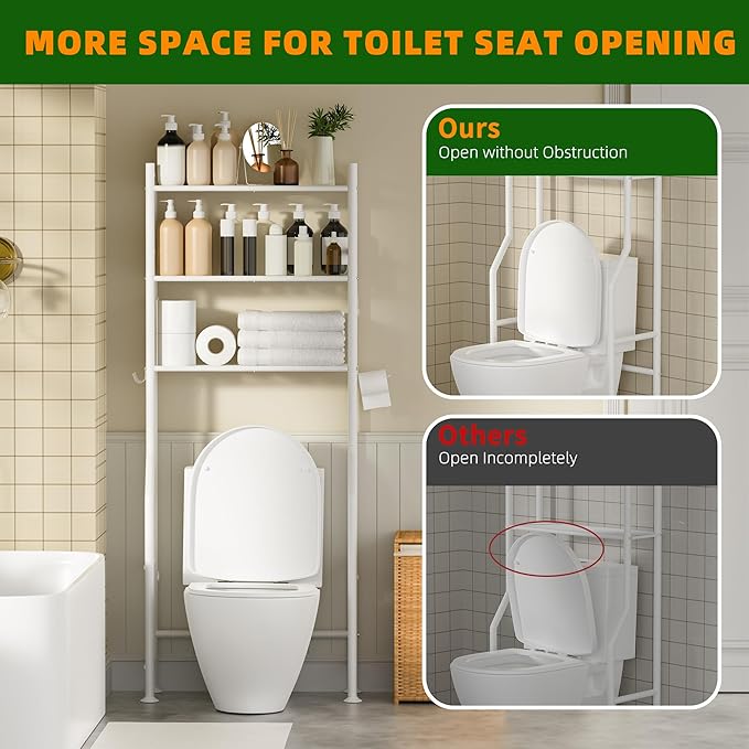 3-Tier Over The Toilet Storage, Space Saver Metal Bathroom Shelves, Freestanding Above Over Toilet Storage Shelf with 4 Hooks for Bathroom, White