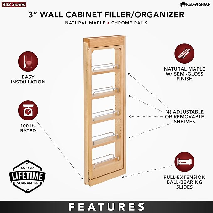 Rev-A-Shelf 3" W x 36" H Pull Out Quad Shelf Organizer for Wall & Base Kitchen Cabinets, Full Extension Filler Spice Rack, Adjustable, Wood, 432-WF36-3C