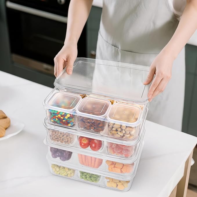 4 Pack Salad Bar Container for Fridge, Plastic Food Storage Organizer with Lid, Stackable Refrigerator Bins with 24 Individual Removal Boxes, Reusable Meal Prep Container for Fruit, Vegetable