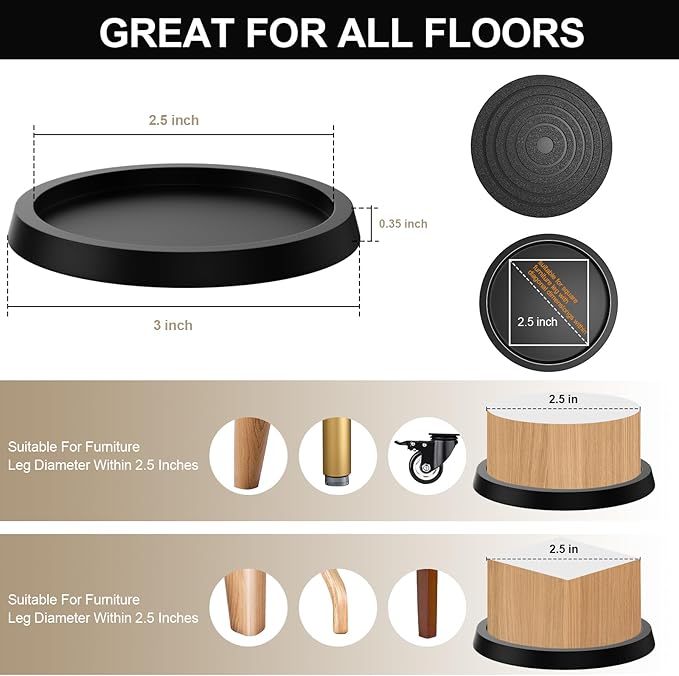 32Pcs Furniture Coasters Non-Slip 2.5inch Bed Leg Pads Round Rubber Anti Sliding Caster Cups for Hardwood Floors Black