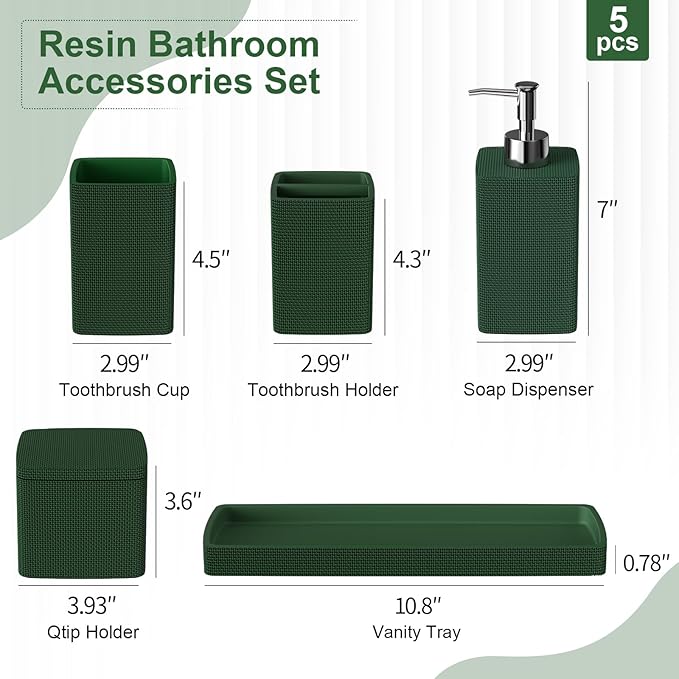Dark Green Bathroom Accessories Set 5 Pieces, Resin Toothbrush Holders Set Complete with Soap Dispenser, Toothbrush Holder, Vanity Tray, Bathroom Tumbler and Qtip Holder for Small Spaces