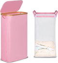 efluky Slim Laundry Basket with Lid, Narrow Laundry Hamper with Removable Bag, Skinny Dirty Clothes Basket with Bamboo Handles for Bathroom, Bedroom & Laundry Room, 63L Pink
