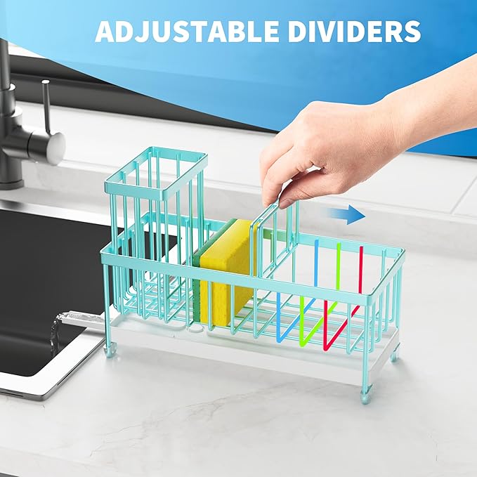 Cisily Sponge Holder for Kitchen Sink, Sink Caddy Organizer with High Brush Holder, Kitchen Countertop Organizers and Storage Essentials, Rustproof 304 Stainless Steel (Turquoise, 9.25″)