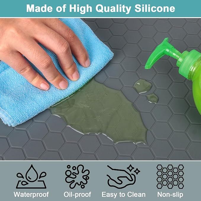 Under Sink Mat 28" x 22", Silicone Under Kitchen Sink Mat, Waterproof Under Sink Protector Mat, Shelf Liners Cabinet Liner for Kitchen and Bathroom, Gray