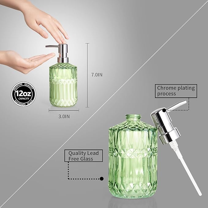 Diamond Design 12 Oz Green Glass Soap Dispenser,Refillable Lotion Soap Dispenser for Bathroom, Kitchen, Hand Soap, Dish Soap,Shampoo, Ideal for Bathroom Countertop. (Clear Gold)