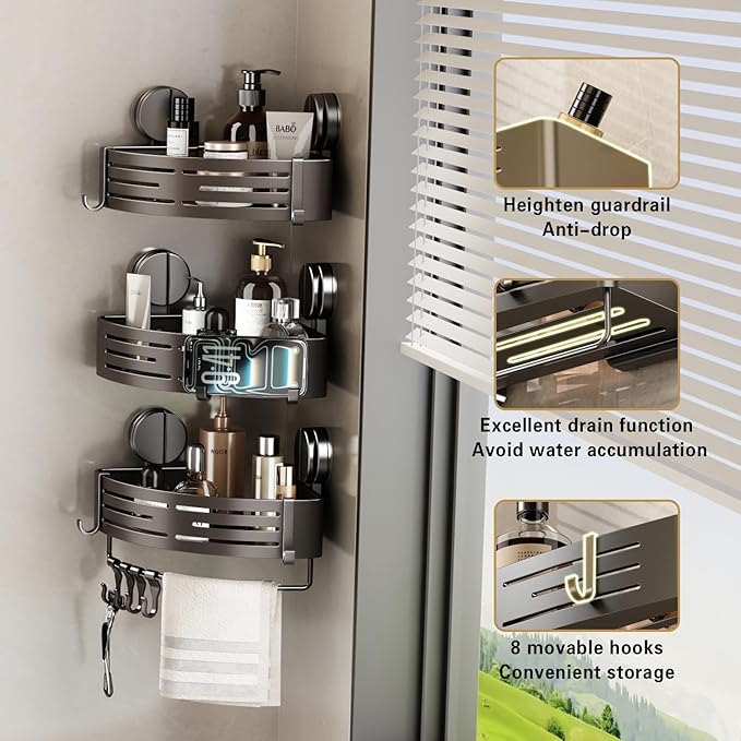 VOLPONE Corner Shower Caddy Suction Cup Shower Shelf Corner No Drilling Bathroom Shower Organizer Storage Rack Adhesive with Towel Bar Hooks(1-Pack, Gray)