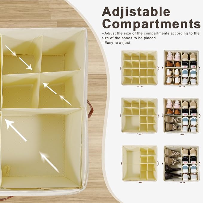 HOMICKER Shoe Organizer for Closet, Shoe Storage Box, Foldable Shoe Box with Adjustable Dividers and Clear Cover, Closet Shoe Organizer Fits up to 16 Pairs, 1-Pack, Extra Storage Pocket for Socks