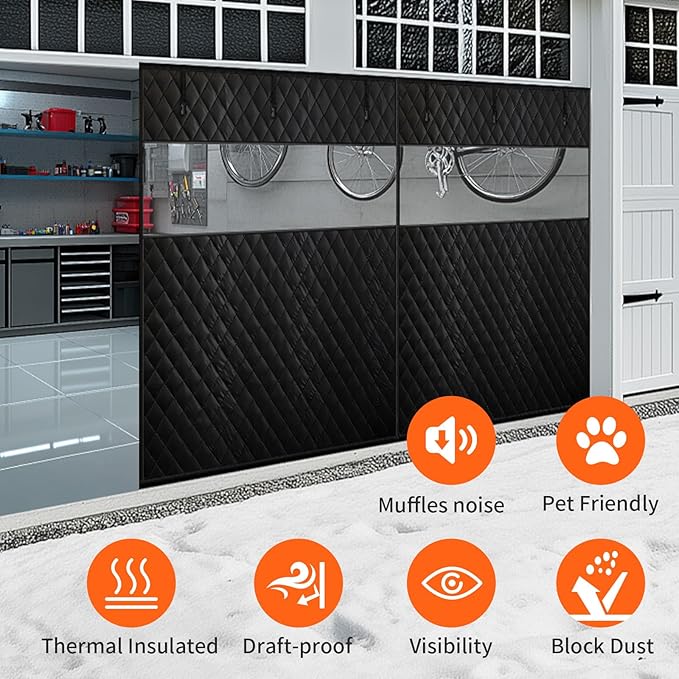 Thermal Insulated Garage Door Curtain with Clear Window, 16ft x 7ft Winter Door Cover for 2 Car Garage Heat Insulation with Thicken Polyester Fiberfill & Durable Oxford Fabric, Waterproof