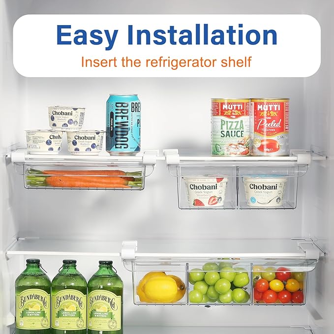 Pull-Out Fridge Drawer Organizer - Under Shelf Storage Bins for Refrigerator Organization for Fruits Vegetables, Cheese & Deli (Flat & Wide)
