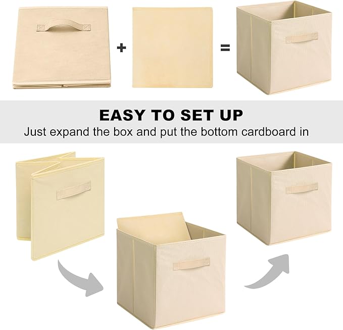 Fabric Storage Bins - 6 Pack Collapsible Cube Organizer for Closet, Shelves & Living Space, Pastel & Dark Color Options - Foldable Storage Boxes with Handles for Clothes (Beige, 11 inch)