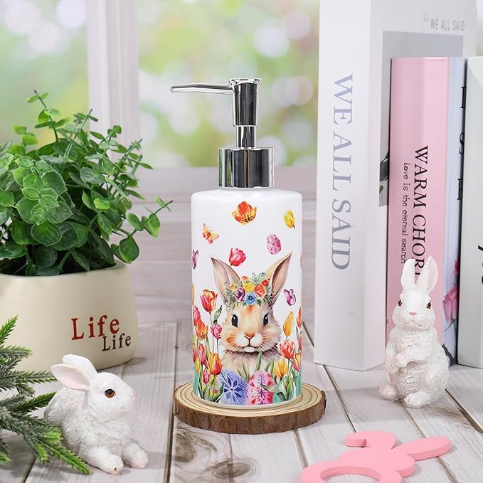 JarThenaAMCS Easter Soap Dispenser Glass Dispenser with Pump Floral Bunny Rabbit Flower Refillable Liquid Soap Container for Spring Kitchen Bathroom Countertop Decor