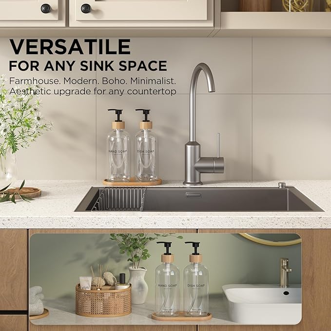 Hand and Dish Soap Dispenser Set,16oz Glass Bottles with Printed Labels, Bamboo Tray & Pump,Countertop Soap Dispensers for Kitchen,Luxury, Minimalist & Farmhouse Decor (Hand Dish (Transparent))