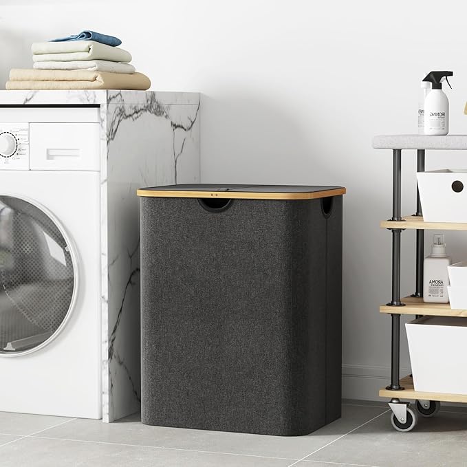 Lifewit 120L Laundry Basket with Lid, Clothes Hampers for Laundry with Bamboo Handles and 2 Removable Bag, Large Foldable Laundry Hamper for Bedroom, Bathroom, Dorm, Laundry Room, Dark Gray