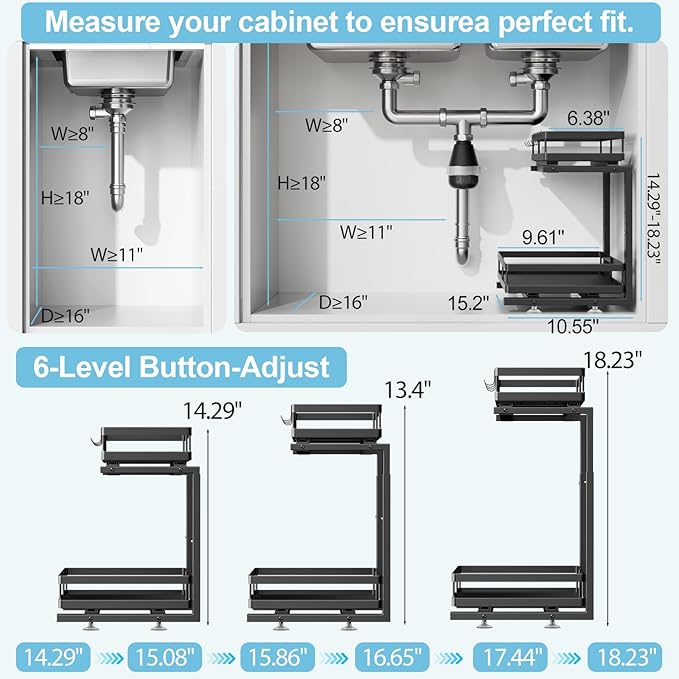 2 Pack Under Sink Organizers and Storage, Heavy Duty Metal Pull Out Cabinet Organizer with Ball-Bearing Slides, Height Adjustable L-Shaped Shelf for Kitchen & Bathroom (2-Pack)