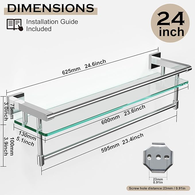 SFGSOWOR 24 Inches Floating Glass Shelves for Wall with Towel Bar/Track, SUS 304 Stainless Steel Railing Tempered Glass Shelf, for Toilet, Room Decor Modern (Chrome Polished, 24-inch)