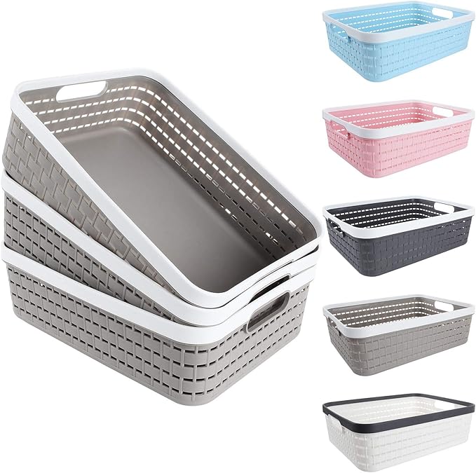 CertBuy 3 Pack Plastic Storage Baskets 14 x 10 x 4.5 Inch Large Weave Storage Bins with Handle for Cabinet Shelf Kitchen Bedroom Bathroom and Office Grey