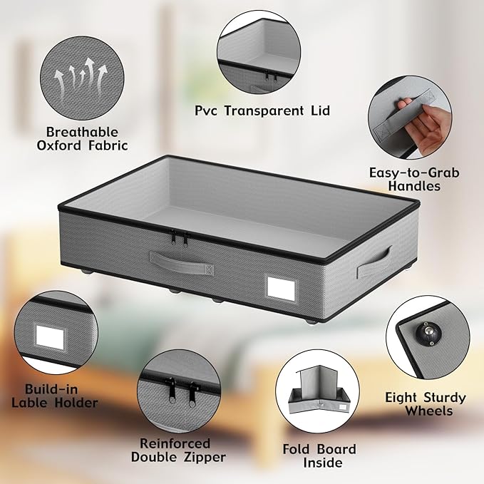 EE-RoomWorld Under Bed Storage with Wheels, No Assemble Required 5.5 inches height grey under bed storage bins,Low Profile Rolling Underbed Shoe Storage containers，dorm underbed storage drawers