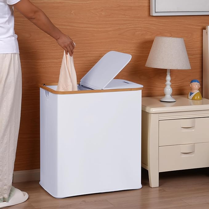 efluky Laundry Hamper with Lid, Double Laundry Hamper with 2 Removable Bags, 2 Section Laundry Basket with Bamboo Handles for Bathroom, Bedroom & Laundry Room -White