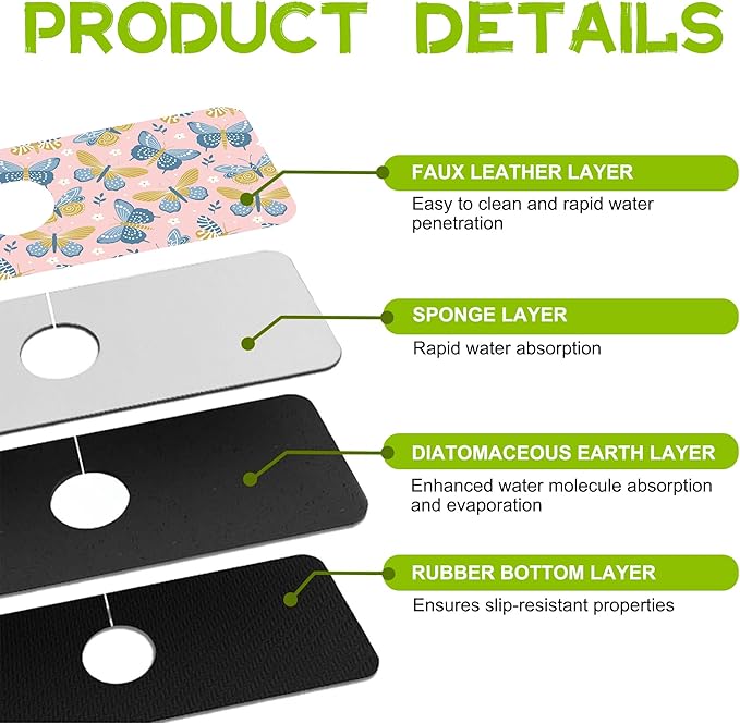 Butterflies and Chamomile Kitchen Sink Splash Guard Faucet Mat Super Absorbent Fast Drying Mat Guard Behind Faucet Drip Catcher for Kitchen Bathroom, 15.5"X5.5"