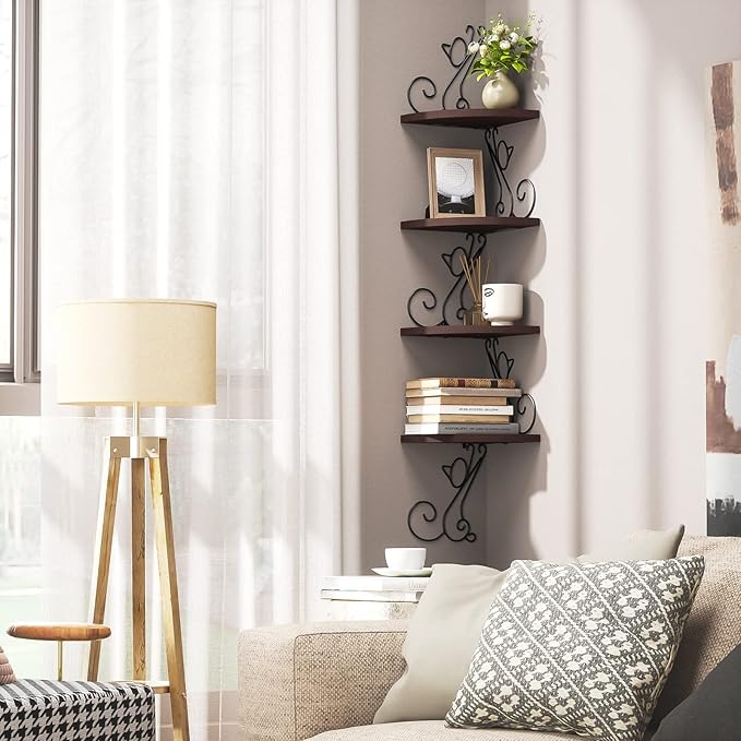 Alsonerbay Corner Shelf Wall Mount, 4 Tier Floating Shelves for Wall, Easy-to-Assemble Wall Shelves Rustic Wood Decor for Bedroom Living Room Bathroom Kitchen Office, Walnut Finish