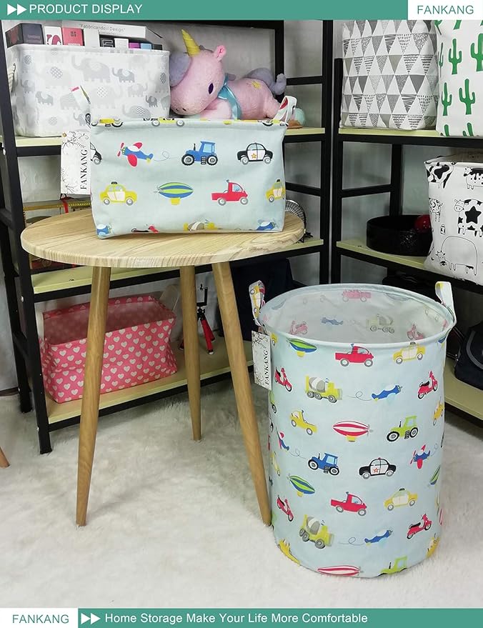 FANKANG Storage Basket, Nursery Hamper Canvas Laundry Basket Foldable with Waterproof PE Coating Large Storage Baskets for Kids Boys and Girls, Office, Bedroom, Clothes,Toys（Car）