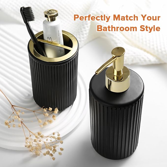 Matte Black and Gold Bathroom Accessories Set, 4 Pack Glass Bath Accessory Sets Complete, Ribbed Soap Dispenser and Toothbrush Holder Set with 2 Qtip Holders, Modern Gold Bathroom Decor