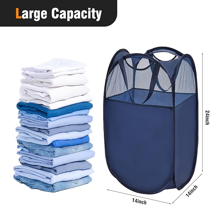TECHMILLY Pop Up Foldable Laundry Basket, Mesh Laundry Hamper with Reinforced Handles for Dirty Clothes Storage in Dorm, Laundry Room, Bathroom, Blue(Fabric), 2 Pack