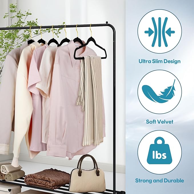 UNEED Black Velvet Hangers with Golden Hooks, 22 Pack - Ultra Thin Space Saving, Non-Slip Clothes Hangers for All Clothing, Dorm & Closet Organization (Heavy Duty, Anti-Scratch,360° Protection)