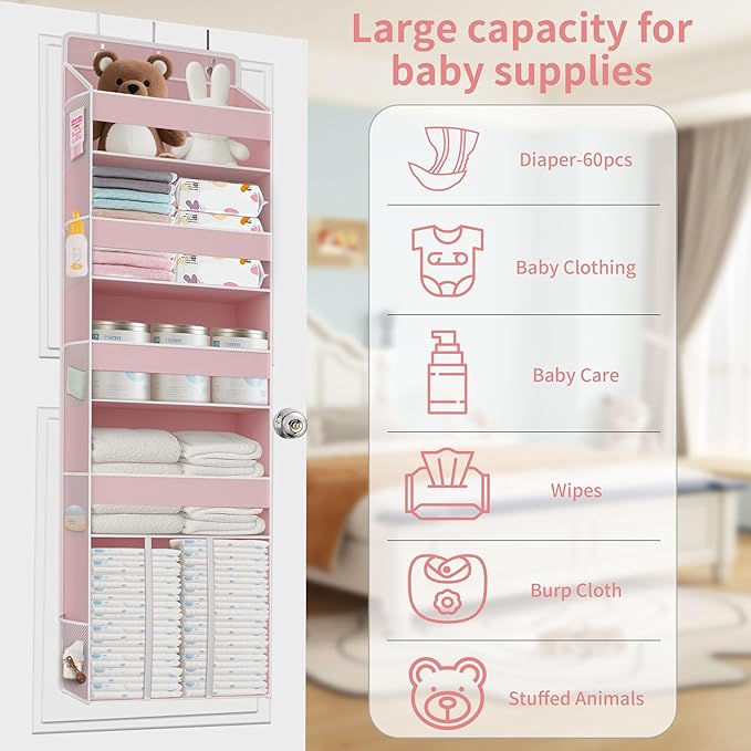 1 PC Pink Over the Door Organizer with 1 Large Capacity Caddy, 4 Shelf & 10 Mesh Side Pockets, Pink Stuff Hanging Storage and Girl Essentials Closet Organizer for Cute Room, Bedroom