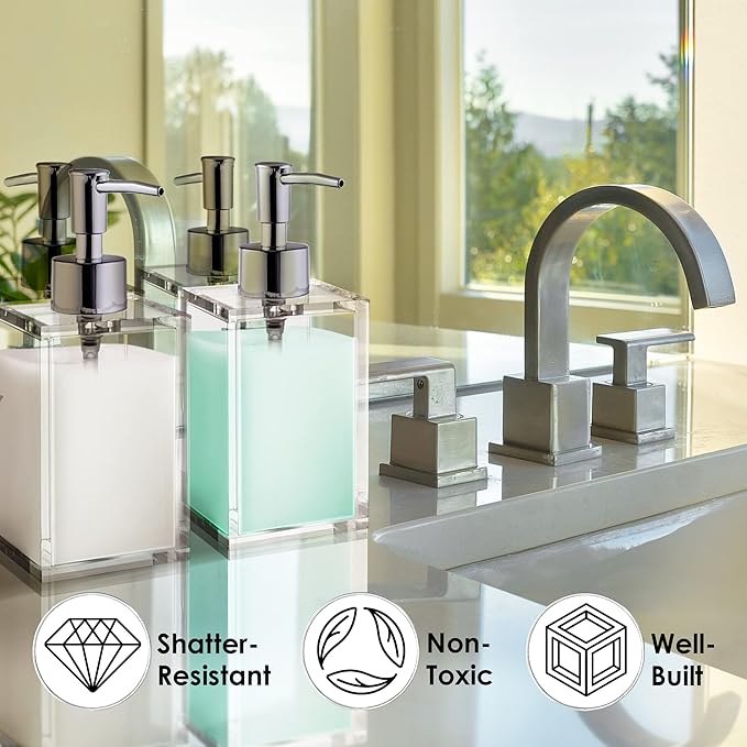 Clear Acrylic Reusable Kitchen & Bathroom Hand Sanitizer Dispenser with Rust Proof Stainless Steel Pump, Square Soap Dispenser Set | 12 oz, 2 Pack