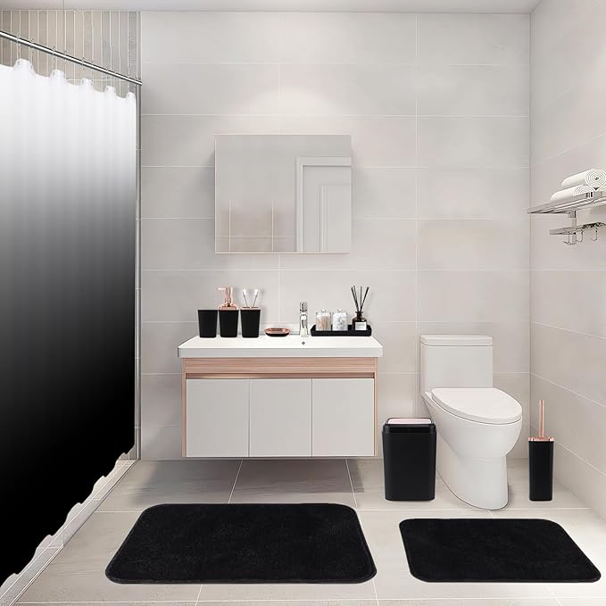 Bathroom Accessory Set–Bathroom Set with Shower Curtain and Rugs, No Slip Bathroom Rugs Super Absorbent, Black Ombre Water-Proof Shower Curtain with Hooks,Black Bathroom Sets Complete for Home