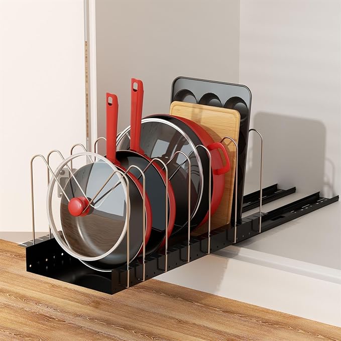 Golener 4 Adjustable Dividers Pull Out Pots and Pans Organizers - Optional Dividers Sliding Pot Lid Holder in Kitchen and Slide Out Cabinet Storage of Lids, Bakewares and Pots