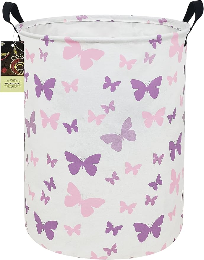 HUNRUNG Laundry Hamper,Large Canvas Fabric Lightweight Storage Basket Toy Organizer Dirty Clothes Collapsible Waterproof for College Dorms（Round-Butterfly）