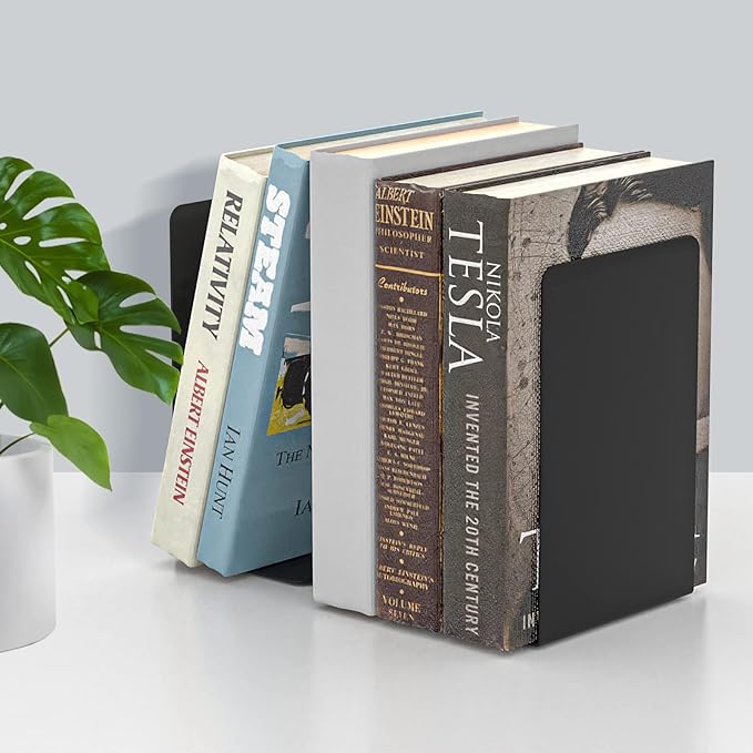 VFINE Bookends 4 Pairs, Black Metal Book Ends, Bookends for Shelves, Book Stopper for Heavy Books, Book Dividers for Home Office School Supplies